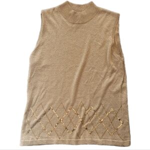 90s Y2K Gold Sequin Silk Blend Top Shell Size L Sleeveless Vintage Party Shimmer